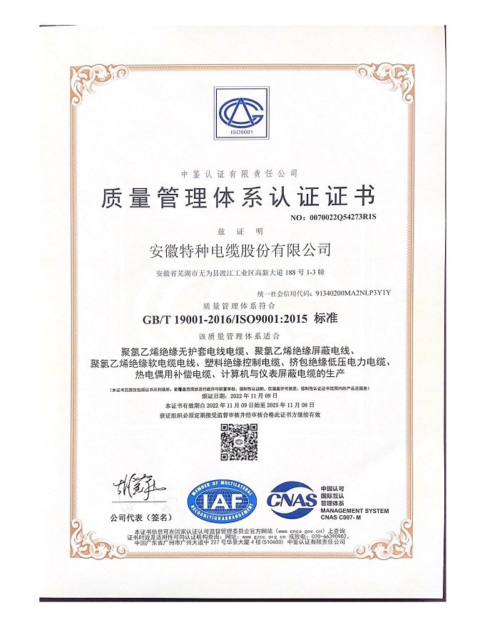 质量治理系统认证证书